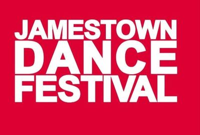 Red and white logo with the words Jamestown Dance Festival.