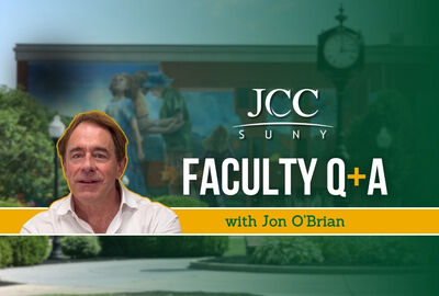 A college campus image graphic showing a headshot of a man, the SUNY JCC logo and the words Faculty Q+A with Jon O'Brian.