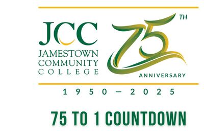 Jamestown Community College 75th Anniversary logo with "1950-2025" in green text, featuring "75 to 1 Countdown" below in bold.