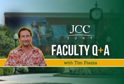 A college campus image graphic showing a headshot of a man, the SUNY JCC logo and the words Faculty Q+A with Tim Piazza.