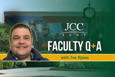 A college campus image graphic showing a headshot of a man, the SUNY JCC logo and the words Faculty Q+A with Joe Spess.