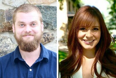 Split image: Left shows a man with a beard and blue shirt against a stone wall, smiling warmly. Right features a woman with red hair, smiling outside in sunlight.