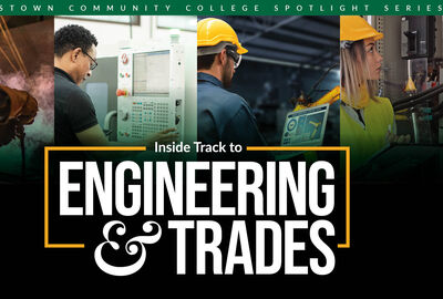 Collage of tradespeople: welding, operating machinery, inspecting equipment. Text reads "Inside Track to Engineering & Trades" in bold letters.