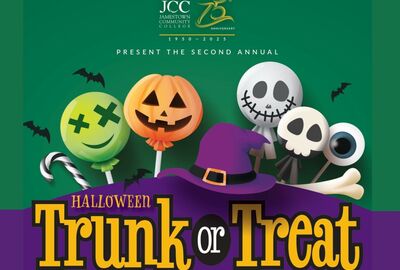 Halloween-themed graphic for a college event. Features cartoon jack-o'-lantern, skull, and eyeball lollipops with bats. Text: "Halloween Trunk or Treat."