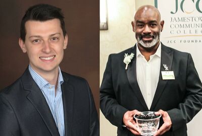 Two men in suits. On the left, a man smiles warmly, wearing a dark blazer and striped shirt. On the right, a man holds a trophy, standing in front of a college banner.