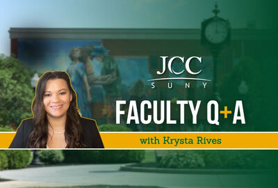 Jamestown Community College faculty Q&A banner with a portrait of a smiling woman. Background shows greenery and a clock tower. 