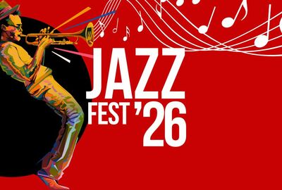 Vibrant illustration of a musician in a hat playing trumpet, set against a bold red background with musical notes and 'Jazz Fest '26' in white text.