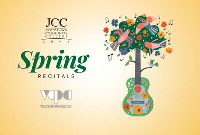 Jamestown Community College Spring Recitals poster. A guitar with a tree blooming from it, decorated with colorful birds and flowers.