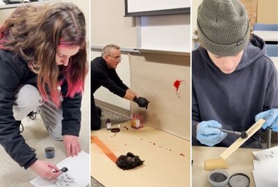 Three-part image showing forensic activities: Left, a girl applying powder with a brush; center, a man in gloves demonstrating blood spatter; right, a boy dusting a wooden plank.