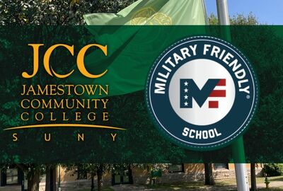 Logo of Jamestown Community College SUNY with "Military Friendly School" badge. Background shows trees and a flag.