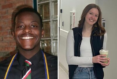 Split image: On the left, a man smiles at the camera, wearing a dress shirt, tie, and honor cords. On the right, a woman stands in a hallway holding a drink and smiling.
