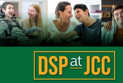 Collage of three panels showing diverse individuals laughing and interacting, with the text "DSP at JCC" in a green and yellow box below.