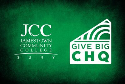 Logos for Jamestown Community College and Give Big CHQ on a textured green background.