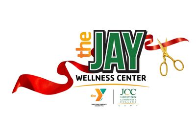 Grand opening graphic for "The Jay Wellness Center" featuring the text "the JAY" in large green letters with a red ribbon being cut by gold scissors, and the words "WELLNESS CENTER" below, with logos for Jamestown Community College and YMCA.