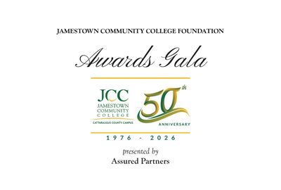 White title card for the Jamestown Community College Foundation Awards Gala, featuring its green-and-gold 50th anniversary logo, 1976–2026, and a formal tone.