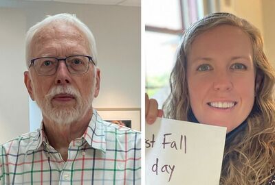 Split portrait of an older bearded man in glasses and a plaid shirt beside a smiling woman holding a handwritten “First Fall day” sign.