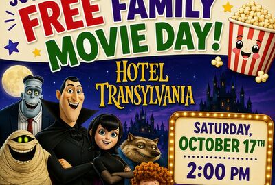 Colorful JCC’s Free Family Movie Day poster for Hotel Transylvania, with playful monsters, popcorn, and a Saturday, October 17, 2 PM showing.