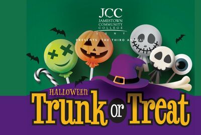 Green-and-purple Halloween poster for JCC Jamestown Community College’s third annual Trunk or Treat, featuring a smiling pumpkin, ghost, skulls, bats and candy.