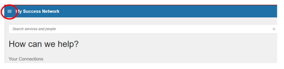 screenshot of Starfish My Success Network web page with three-line menu icon circled in red