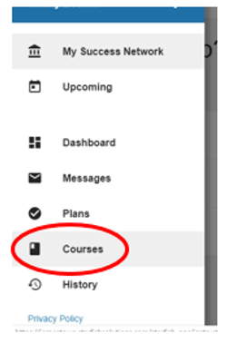 screenshot of Starfish My Success Network web menu with Courses text circled in red, other options include Dashboard, Messages, Plans, and History