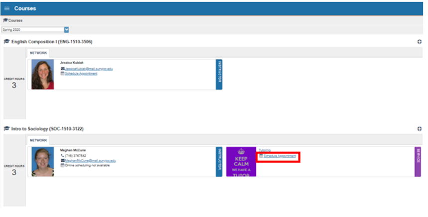 screenshot of Starfish Courses web page with Schedule Appointment, to the right of an instructor's listing, circled in red