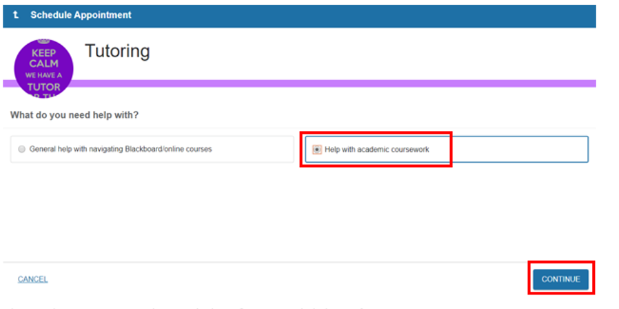 screenshot of Starfish Schedule Appointment web page with Help with Academic Coursework radio button option and Continue button circled in red