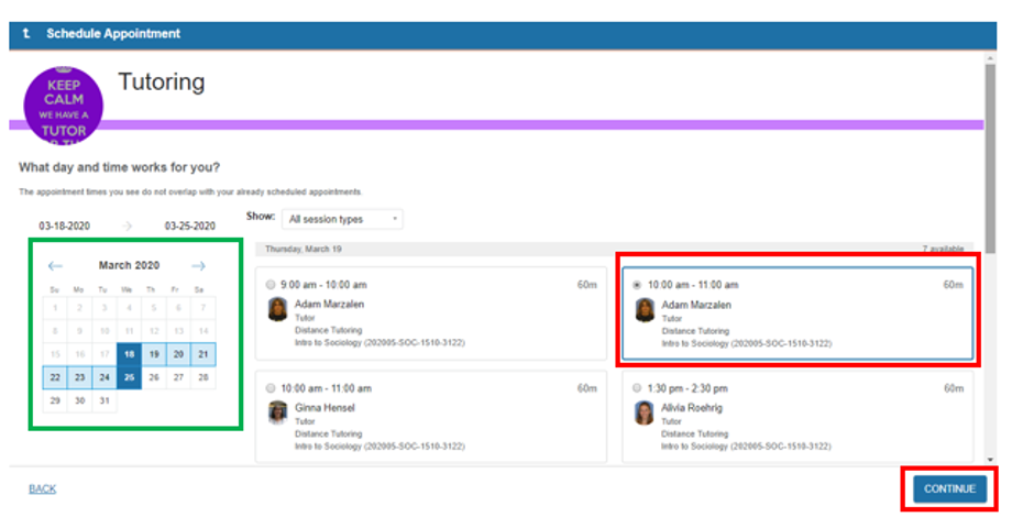 screenshot of Starfish Schedule Appointment web page with a calendar and multiple time options for the days selected in the calendar, one option and the Continue button circled in red