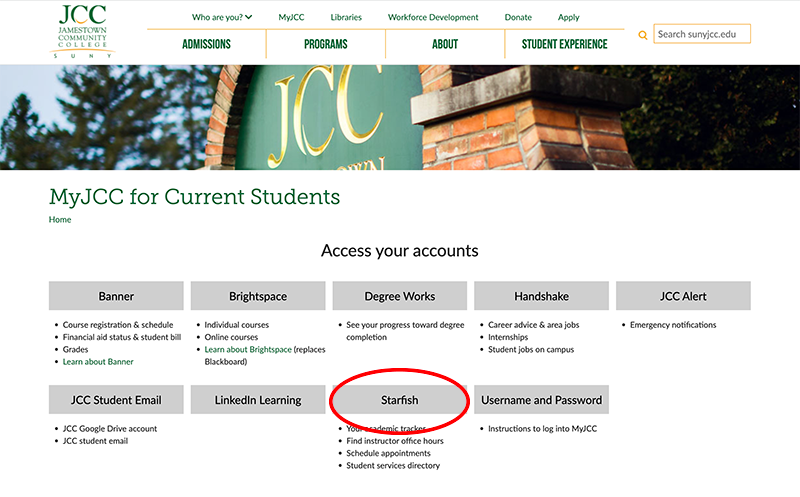 screenshot of MyJCC web page with Starfish button circled in red