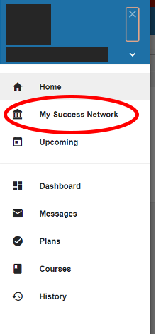 screenshot of Starfish navigation menu with My Success Network circled in red