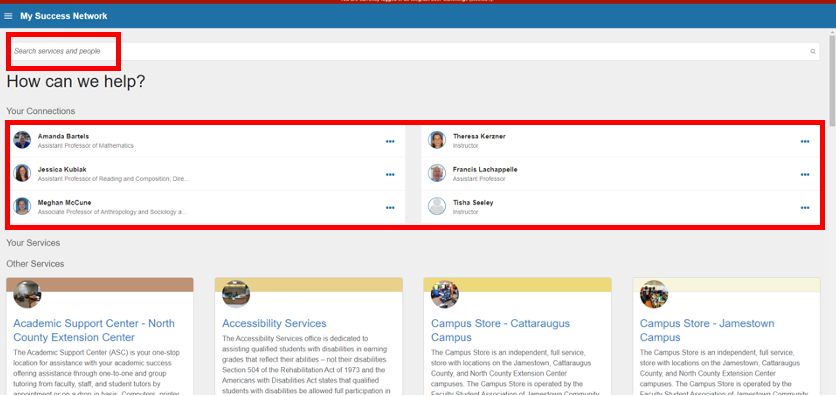 screenshot of Starfish My Success Network page with Search Services and People bar and Your Connections names circled in red