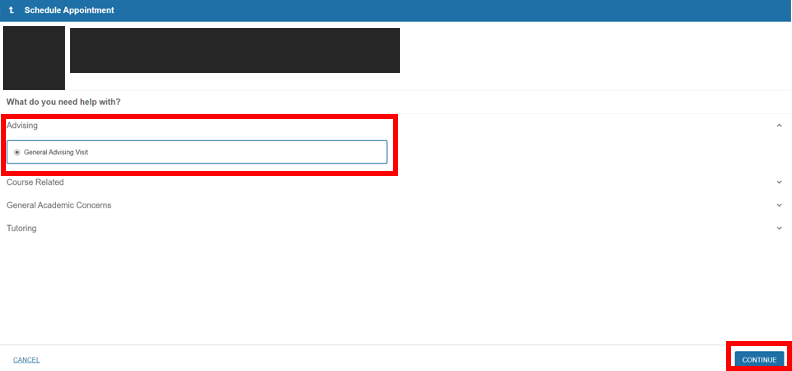 screenshot of Starfish Schedule Appointment page with Advising radio button option and Continue button circled in red