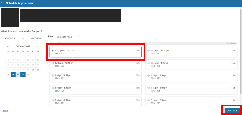 screenshot of Starfish Schedule Appointment page with time slot radio button option and Continue button circled in red, a calendar can also be selected to choose times