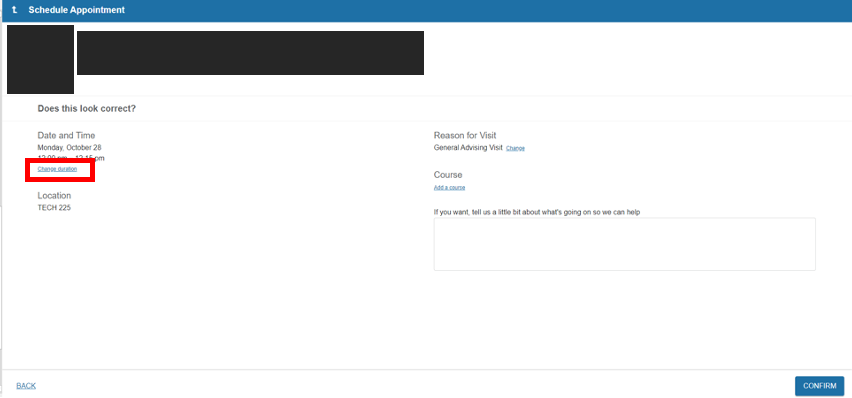 screenshot of Starfish Schedule Appointment page with Change Duration linked text circled in red, page includes Date and Time, Location, Reason for Visit, Course, and Text Area box, and Confirm button