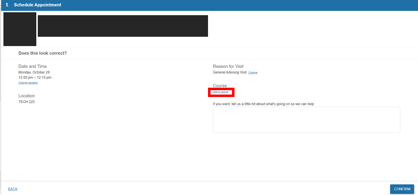 screenshot of Starfish Schedule Appointment page with Add A Course linked text circled in red, page includes Date and Time, Location, Reason for Visit, Course, Text Area box, and Confirm button