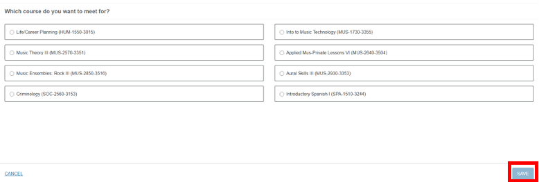 screenshot of Starfish Schedule Appointment sub-page with a list of courses available, and Save button circled in red